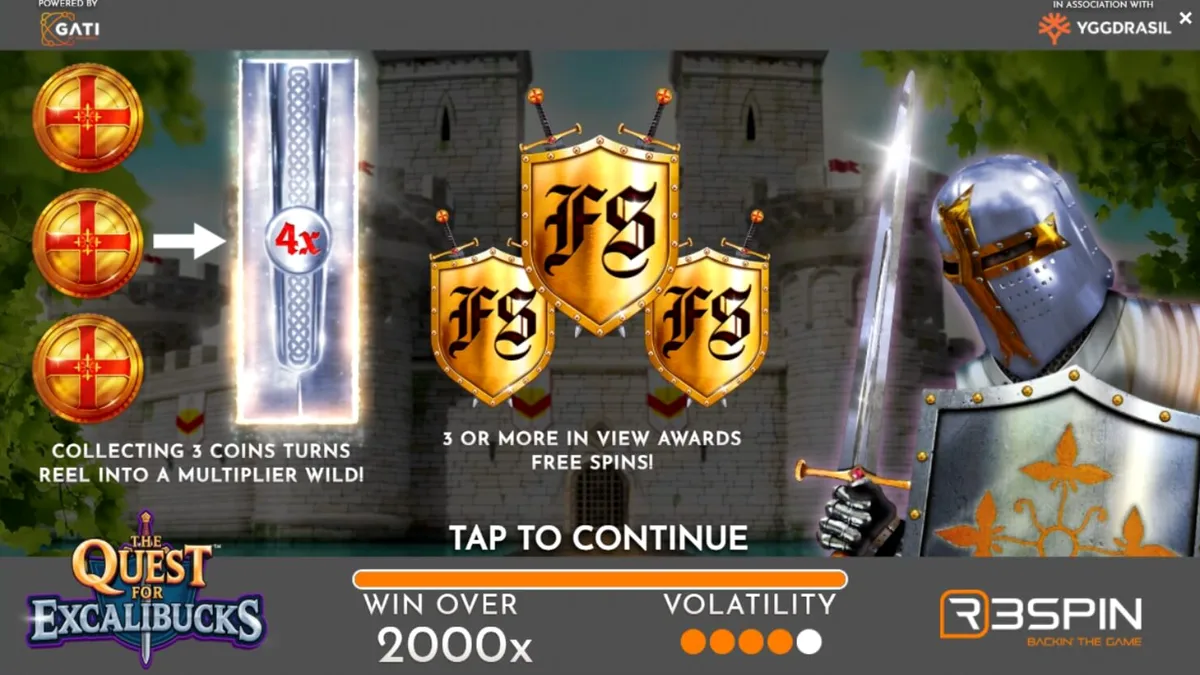 Interface do jogo The Quest for Excalibucks em um smartphone moderno